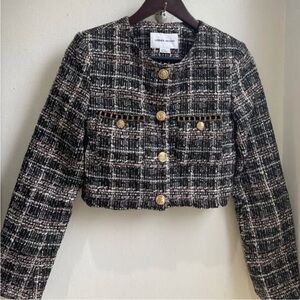Urban Revivo Black Tweed Cropped Blazer with Gold Buttons